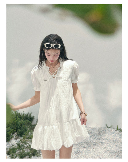 Soft Pleated Puff-Sleeve Mini Dress