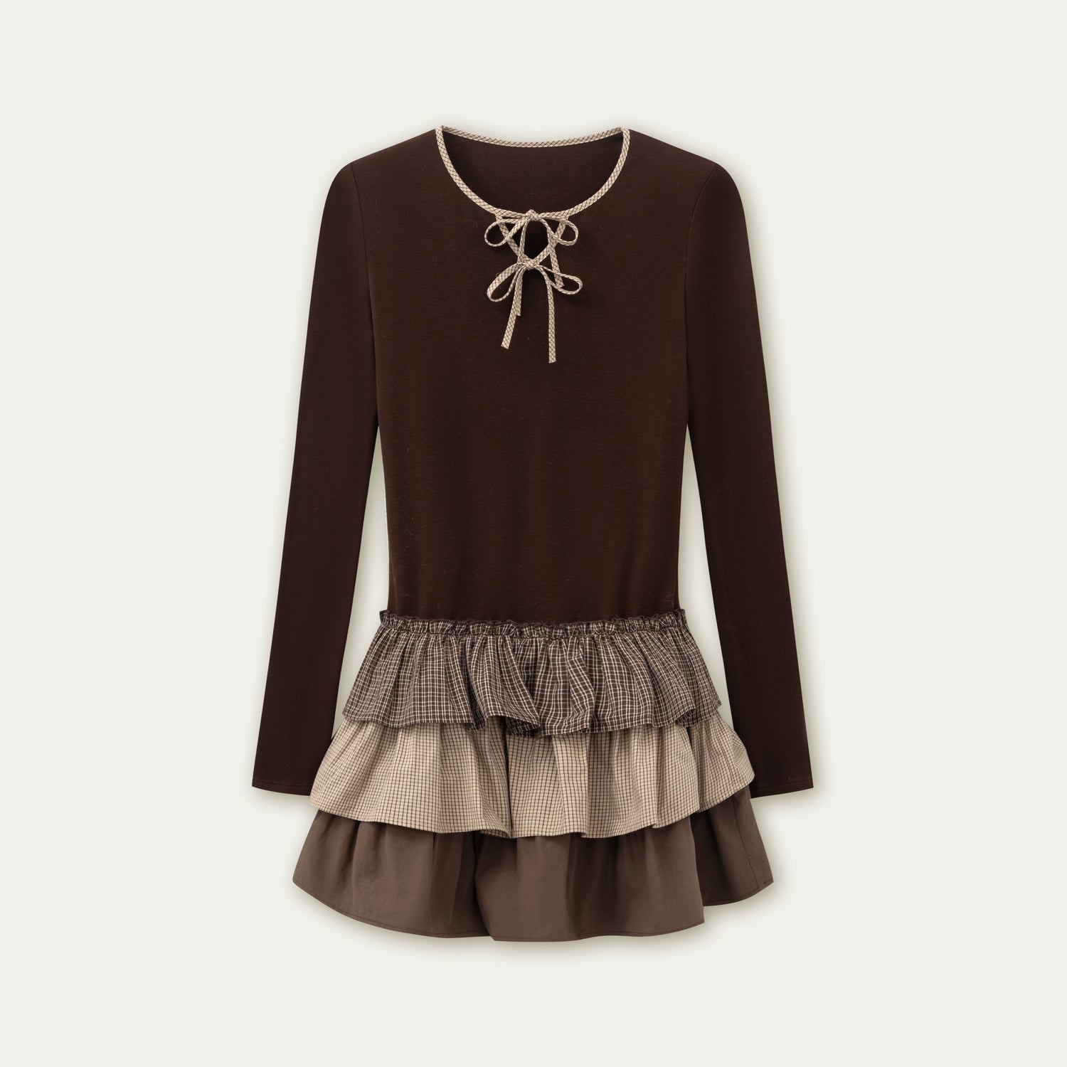 Layered Knit Plaid Tiered Puff Dress