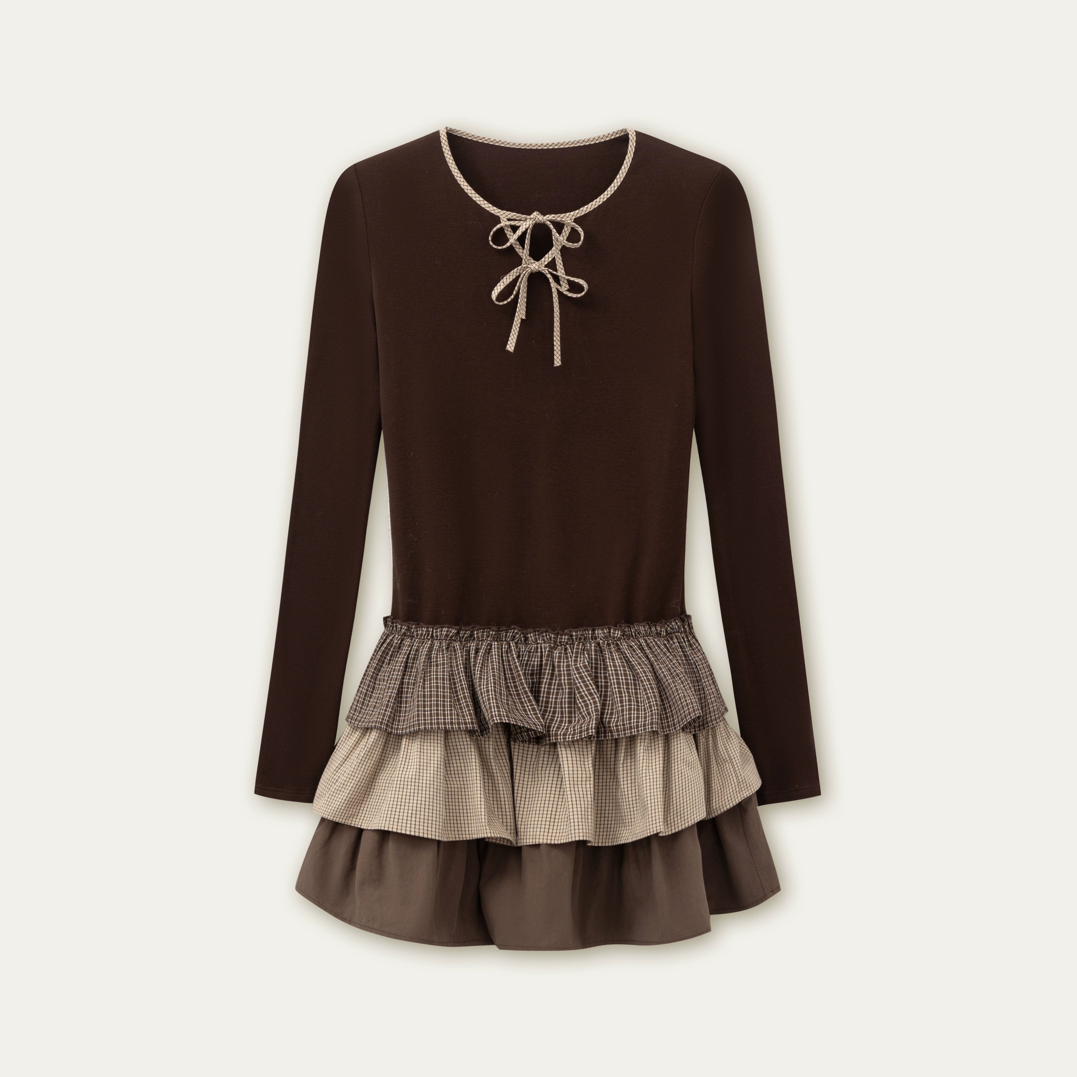 Layered Knit Plaid Tiered Puff Dress