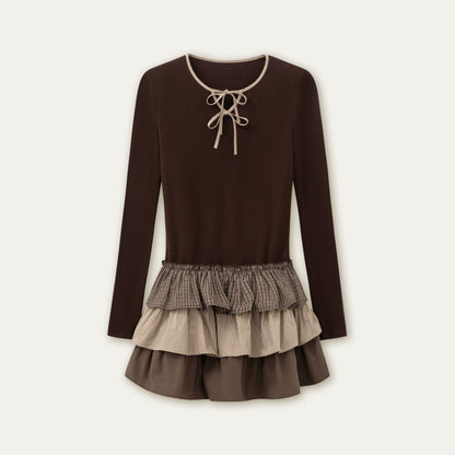 Layered Knit Plaid Tiered Puff Dress