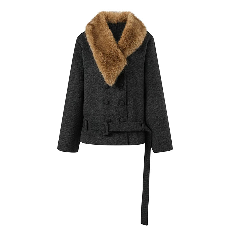 Fur-Collar Double-Breasted Wool Jacket