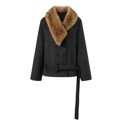 Fur-Collar Double-Breasted Wool Jacket