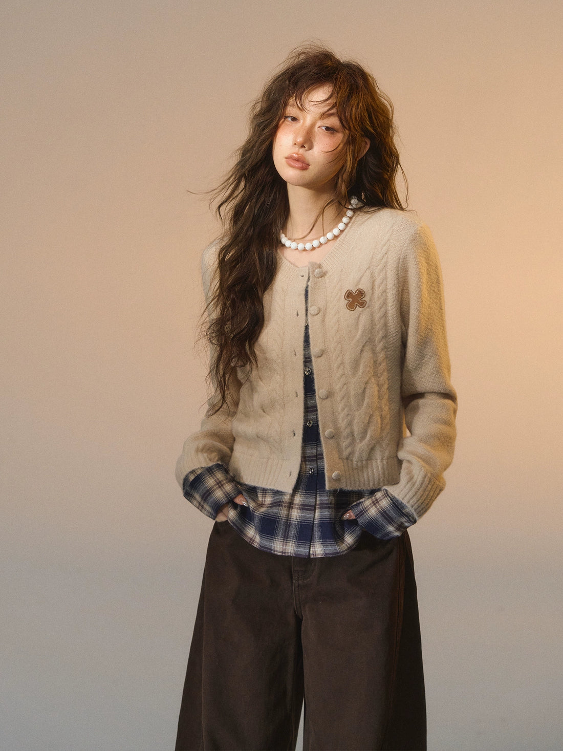 Layered Plaid Patchwork Cable Knit Cardigan