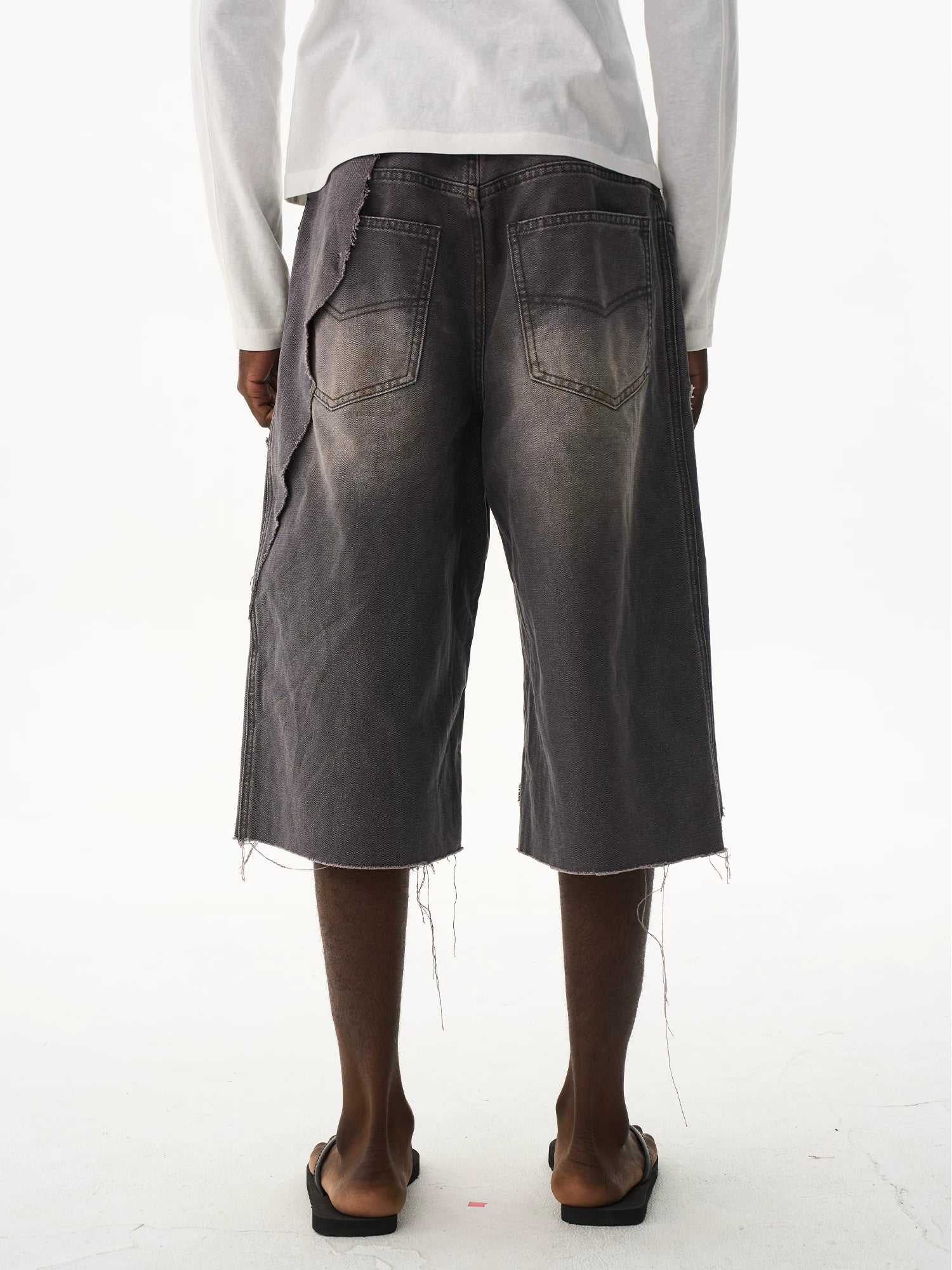 Distressed Double-Layer Washed Grey Shorts