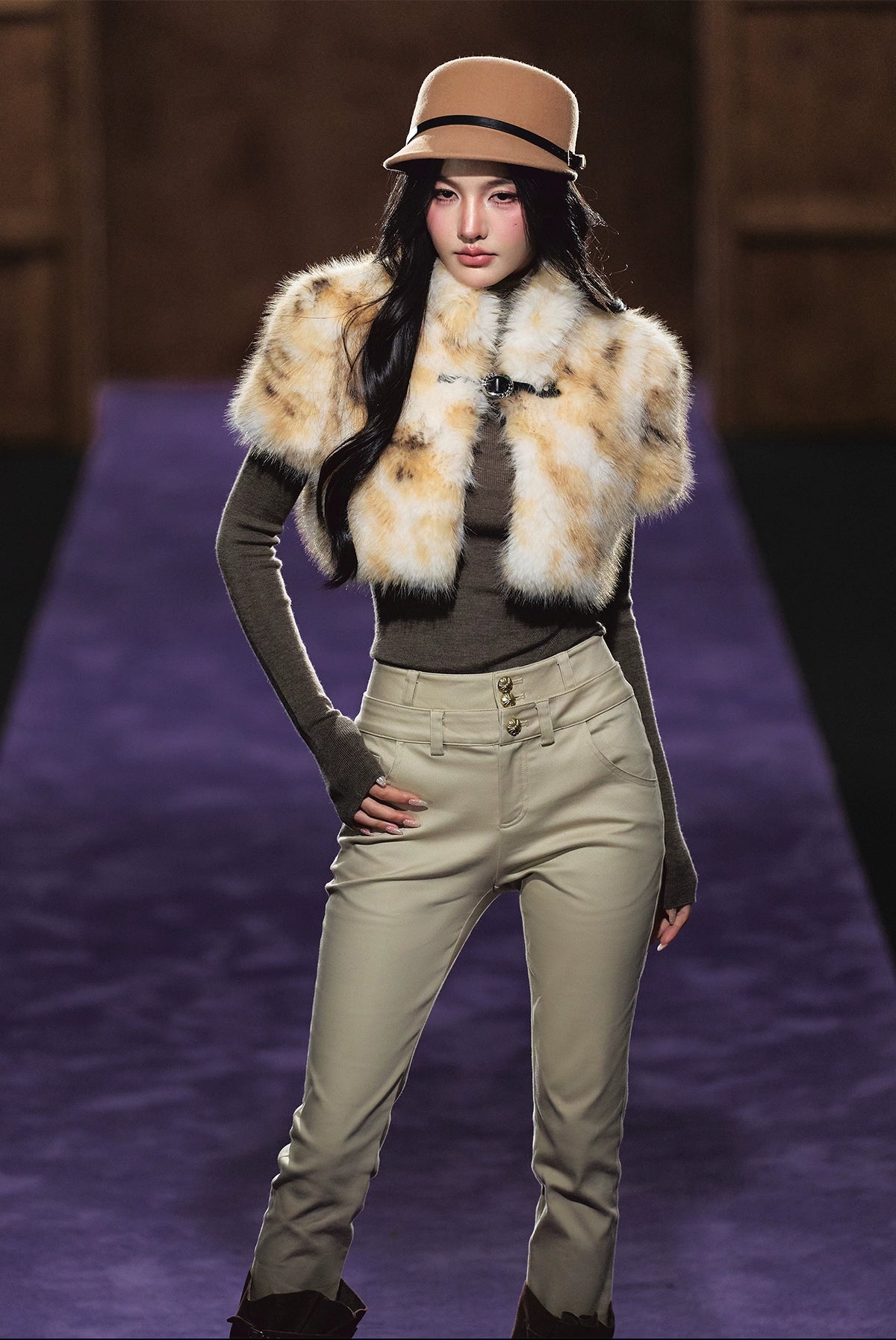 Ombre Short Faux Fur High-Neck Cropped Jacket