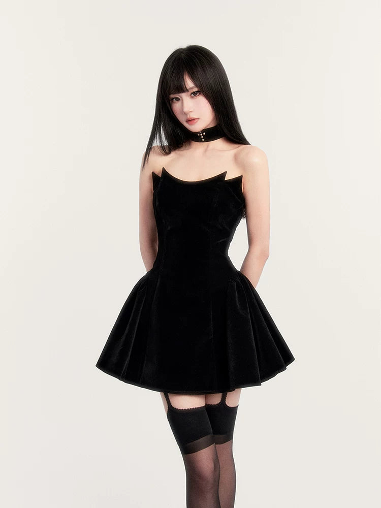 Devil’s Kiss Strapless Velvet Puff Dress