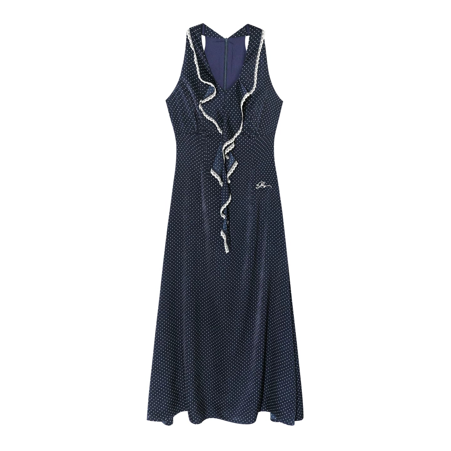 Navy Polka Dot Lace Ruffle V-Neck Sleeveless Midi Dress