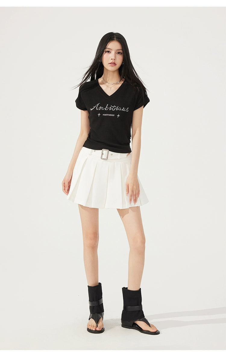 V-neck Waist-cinching Rhinestone Tee