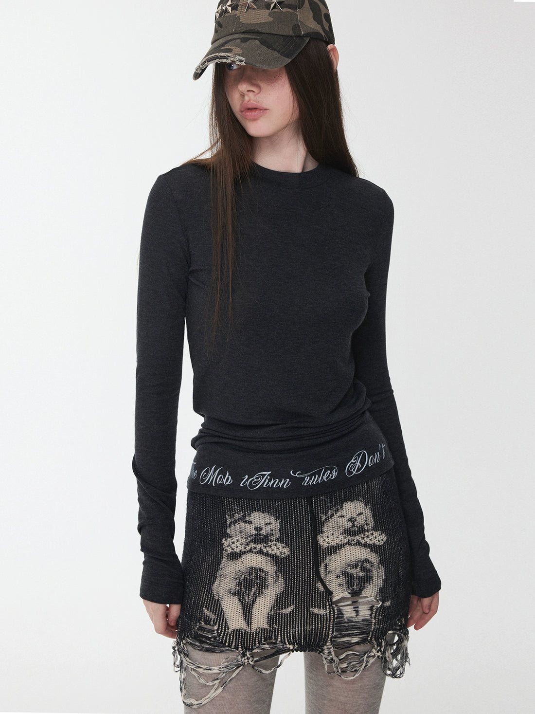 Cat Print Distressed Knit Mini Skirt