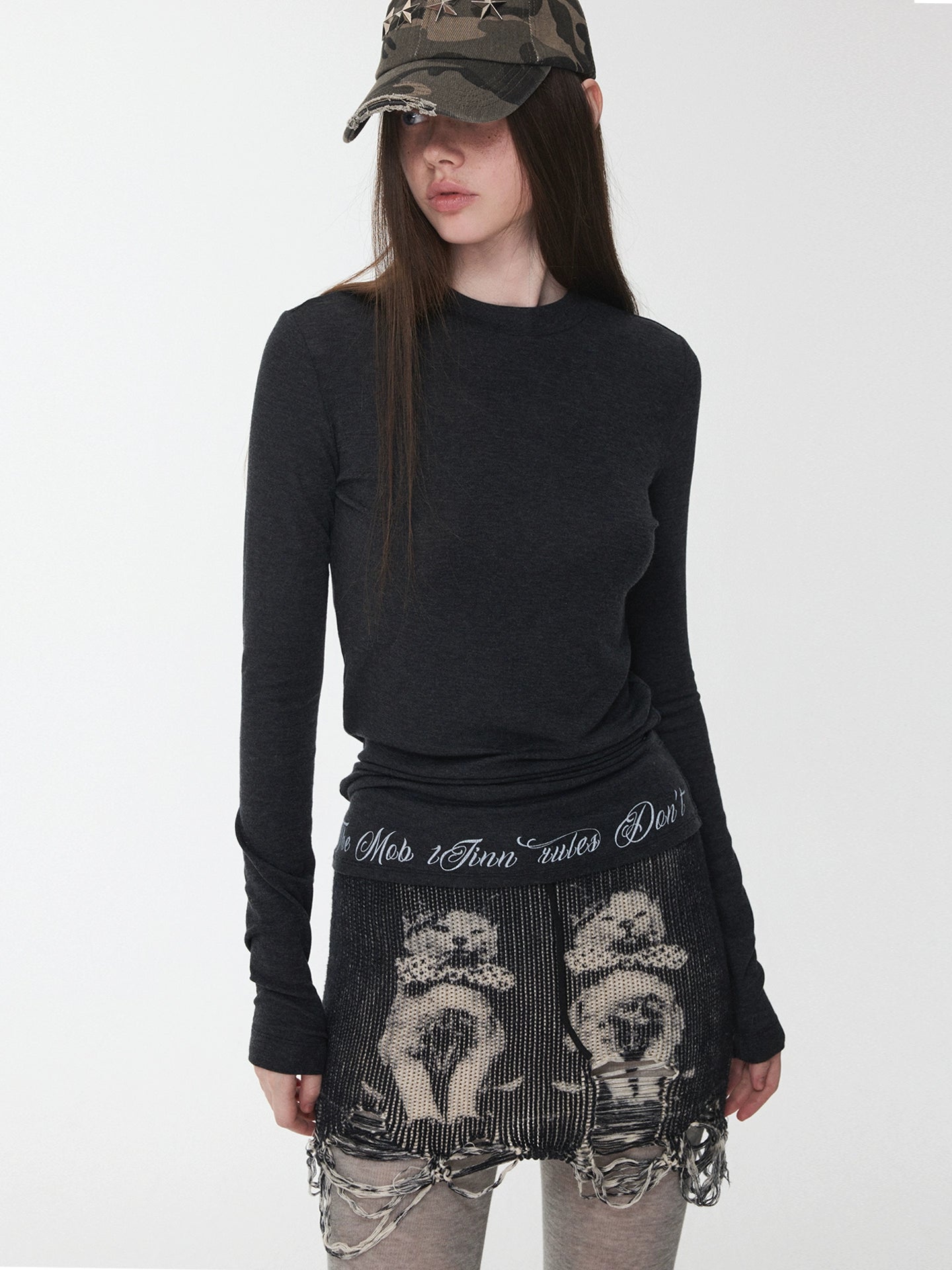Cat Print Distressed Knit Mini Skirt