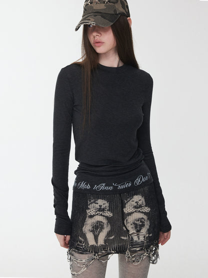 Cat Print Distressed Knit Mini Skirt