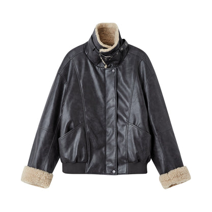 Lamb Wool Collar Faux Leather Biker Jacket
