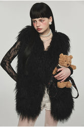 Camel & Black Wool Straight-Cut Furry Vest - CHINASQUAD