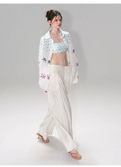 Vintage Contrast Polka Dot Silk-Linen Relaxed Shirt with Halterneck Top