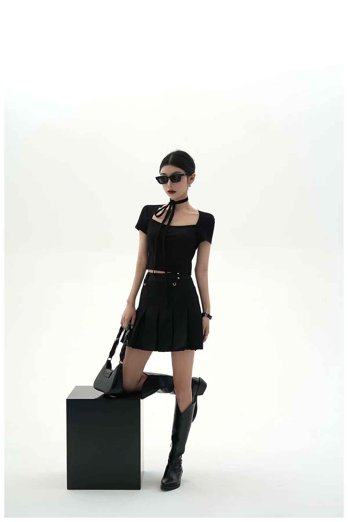 Tie-Detail Square-Neck Cropped T-Shirt