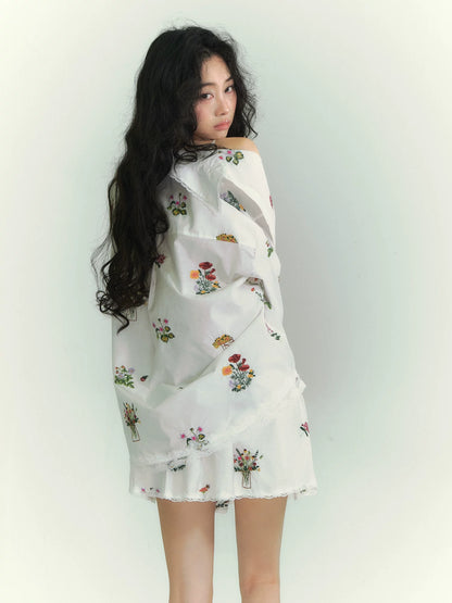 Floral Embroidered Lace Panel Shirt &amp; Mini Skirt Set