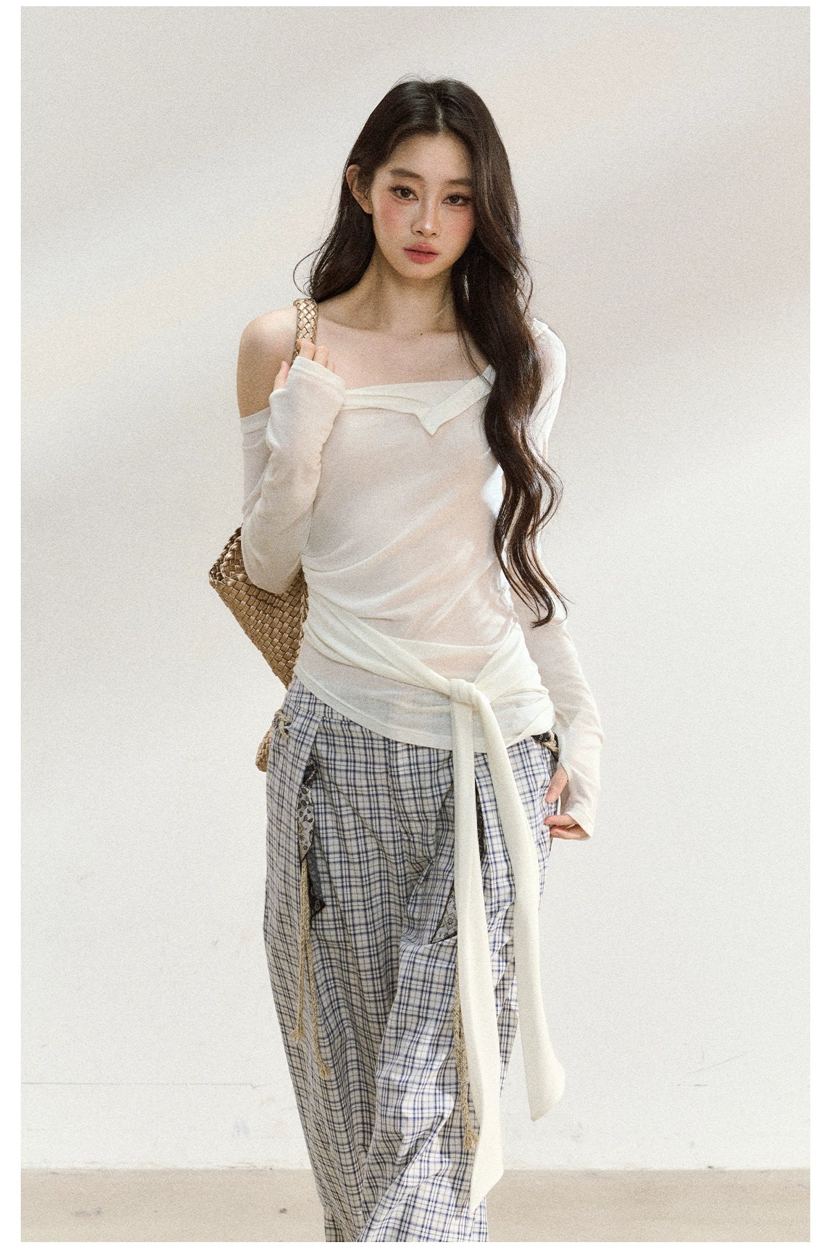 Asymmetric Shoulder Cross-Tie Knit T-Shirt