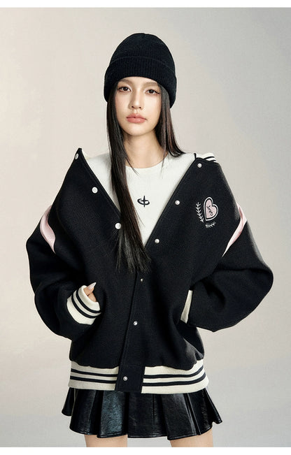 White &amp; Black Heart Embroidered Baseball Jacket