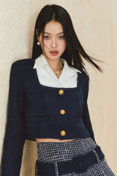 Square Neck Spliced Jacket & Short Skirt Set - CHINASQUAD