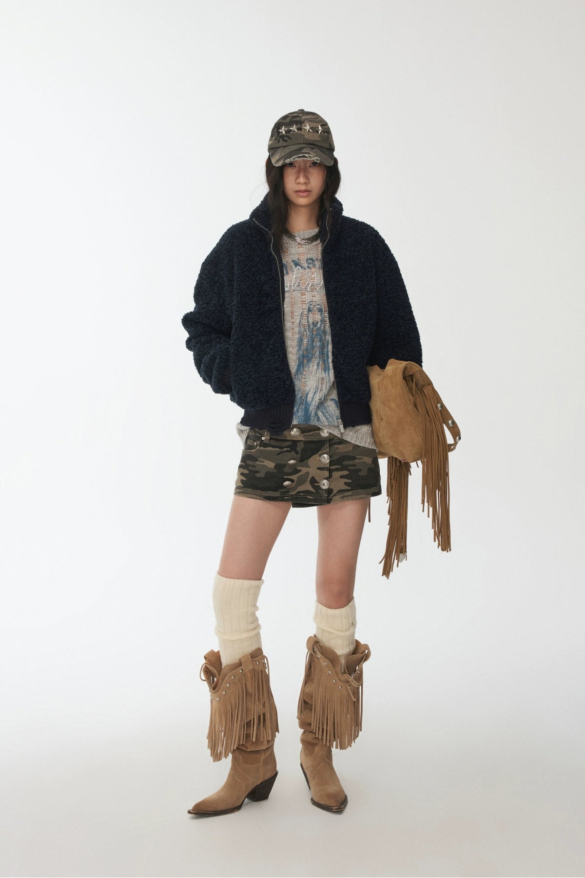 Distressed Fleece Zip-Up Cropped Jacket