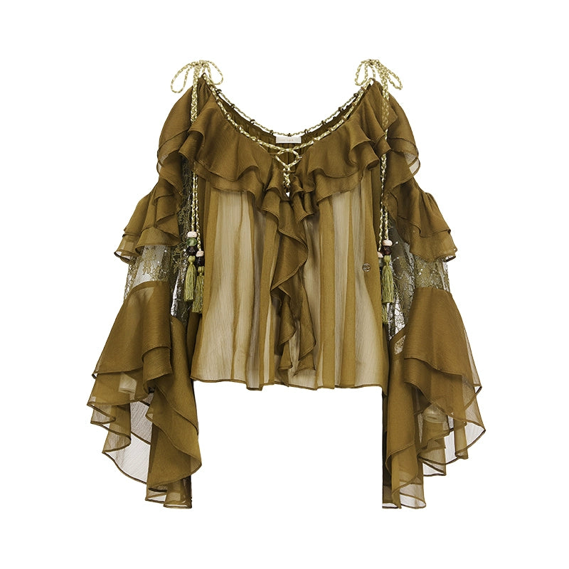 Flowy Chiffon Ruffle Rope Blouse