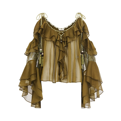 Flowy Chiffon Ruffle Rope Blouse