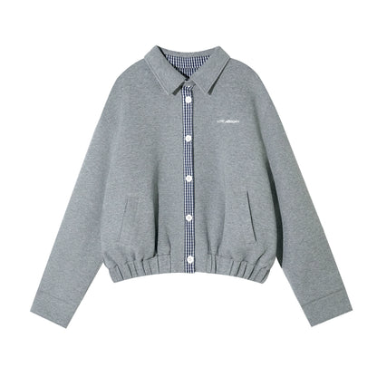 Plaid Panel Embroidered Collar Jacket