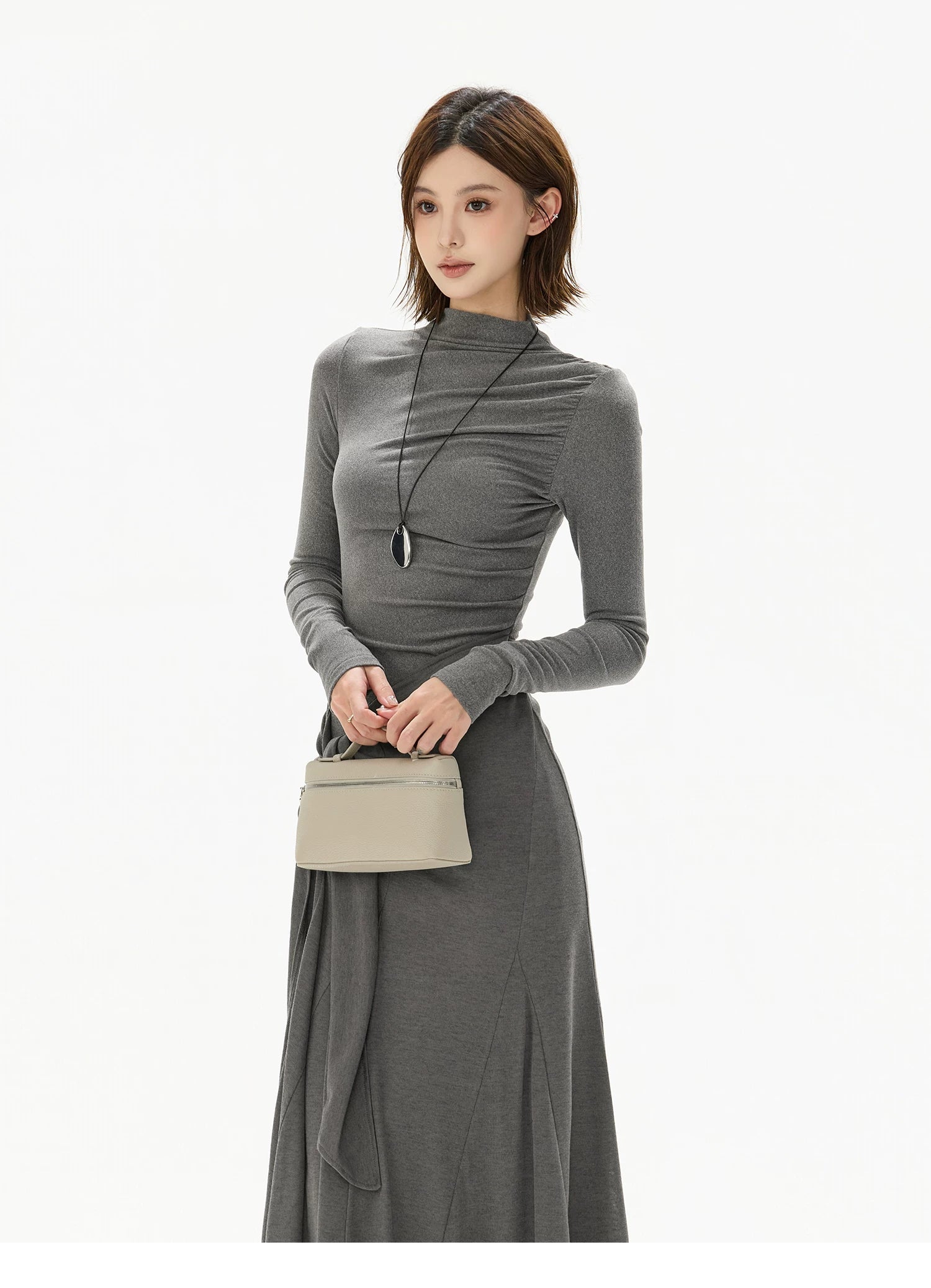 Half-High Neck Tie-Detail Knit Maxi Dress