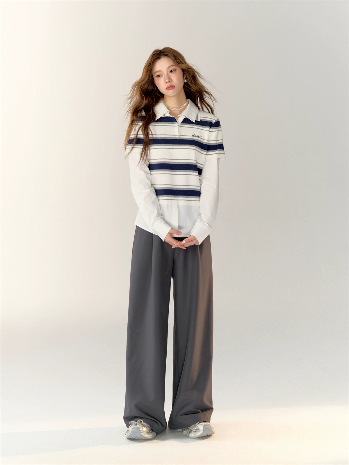 Fake Two-Piece Long Sleeve Polo Shirt