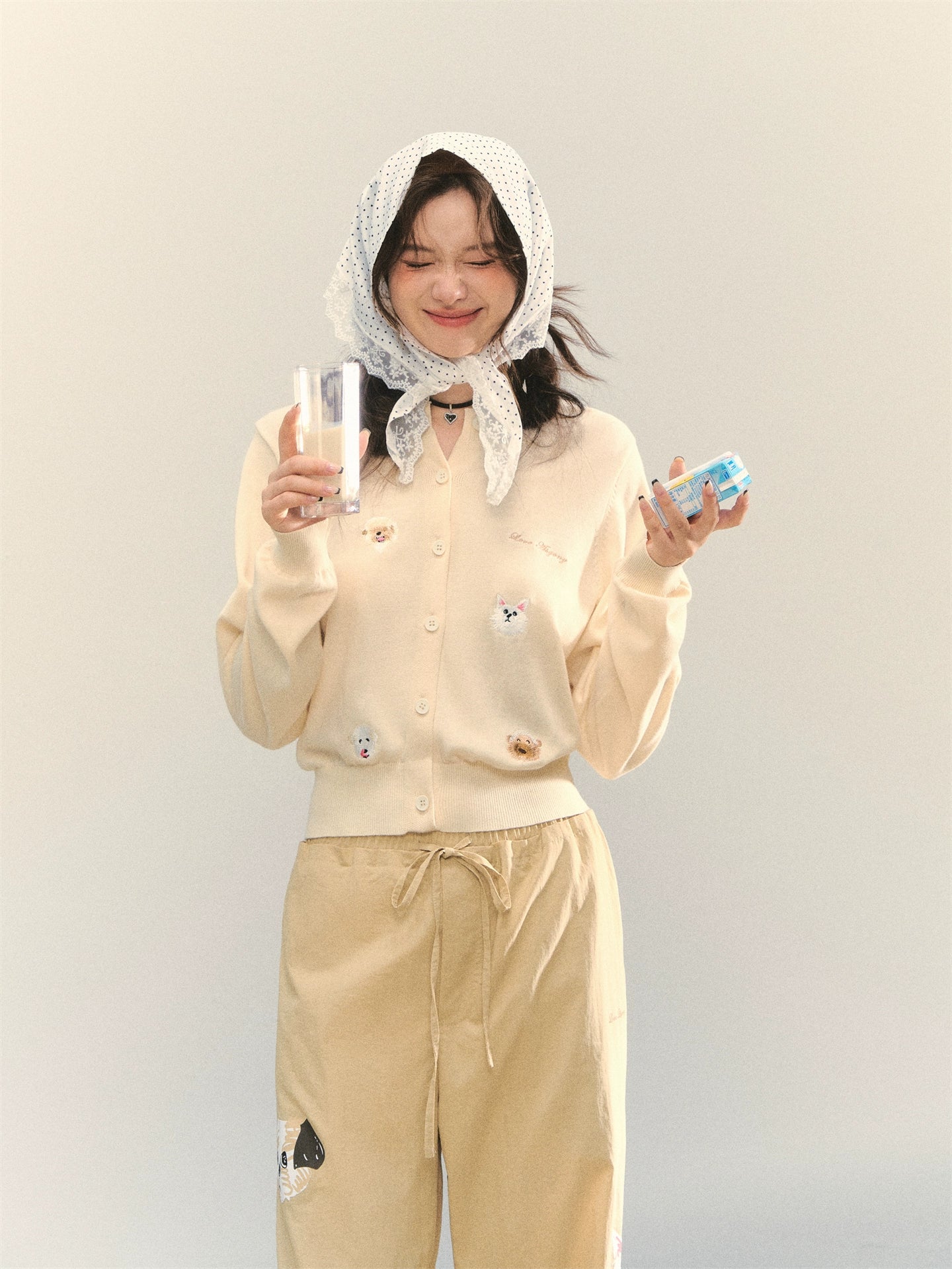 Dog Embroidery Crew Neck Knit Cardigan