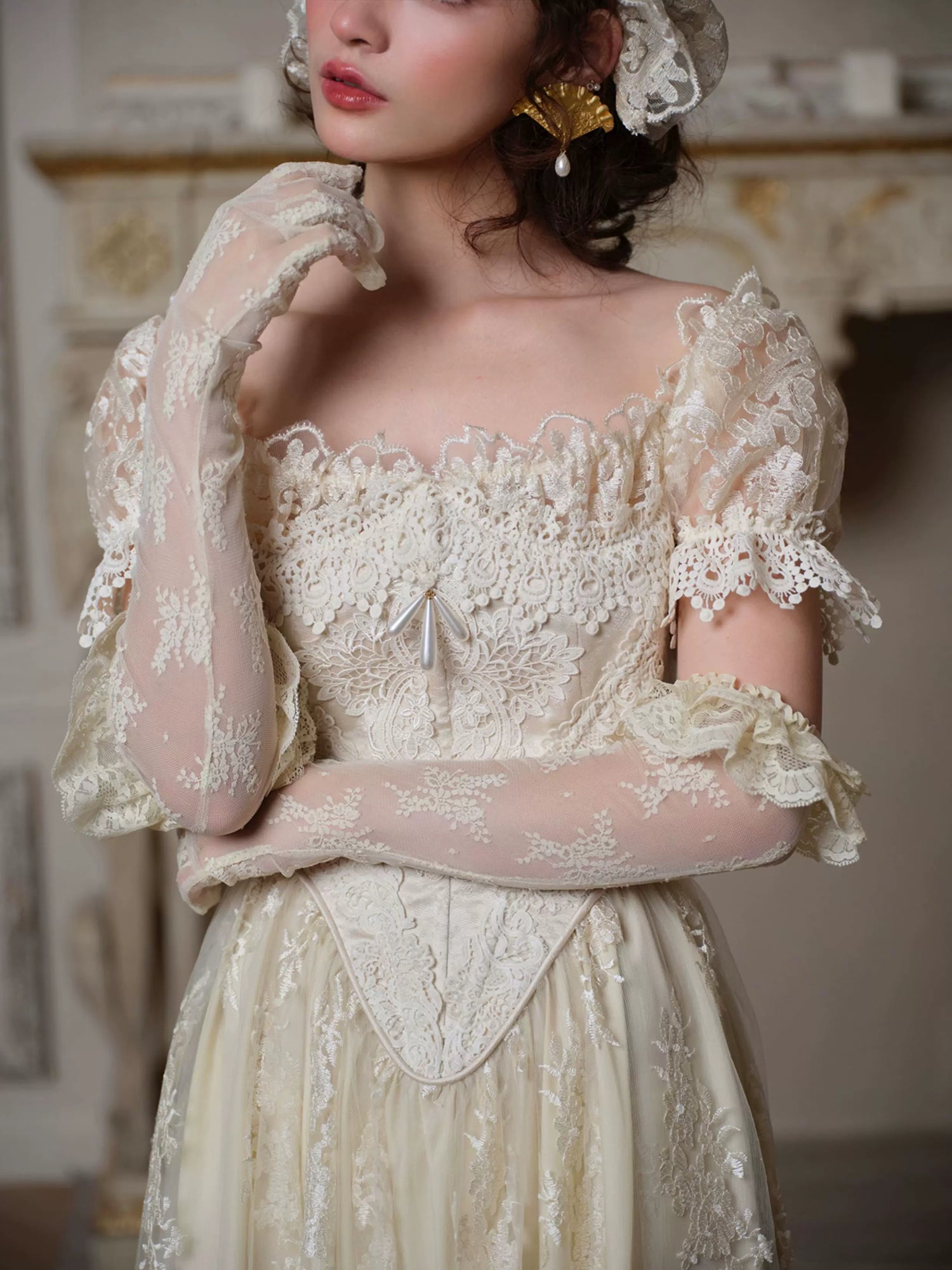 Candlelit Tears Antique Lace Corset Wedding Dress