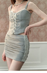 Gray Lace Drawstring Vest & Skirt Set - CHINASQUAD