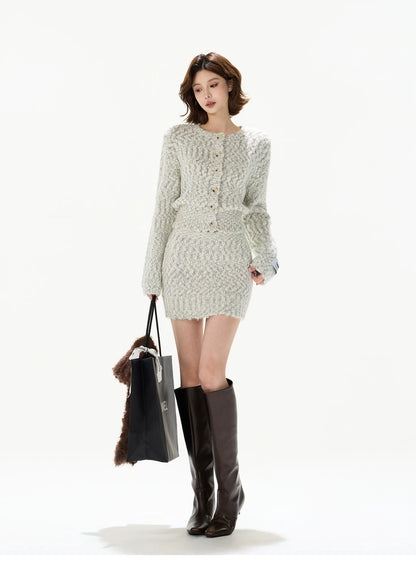 Knit Cardigan &amp; Mini Skirt Tweed-Style Set