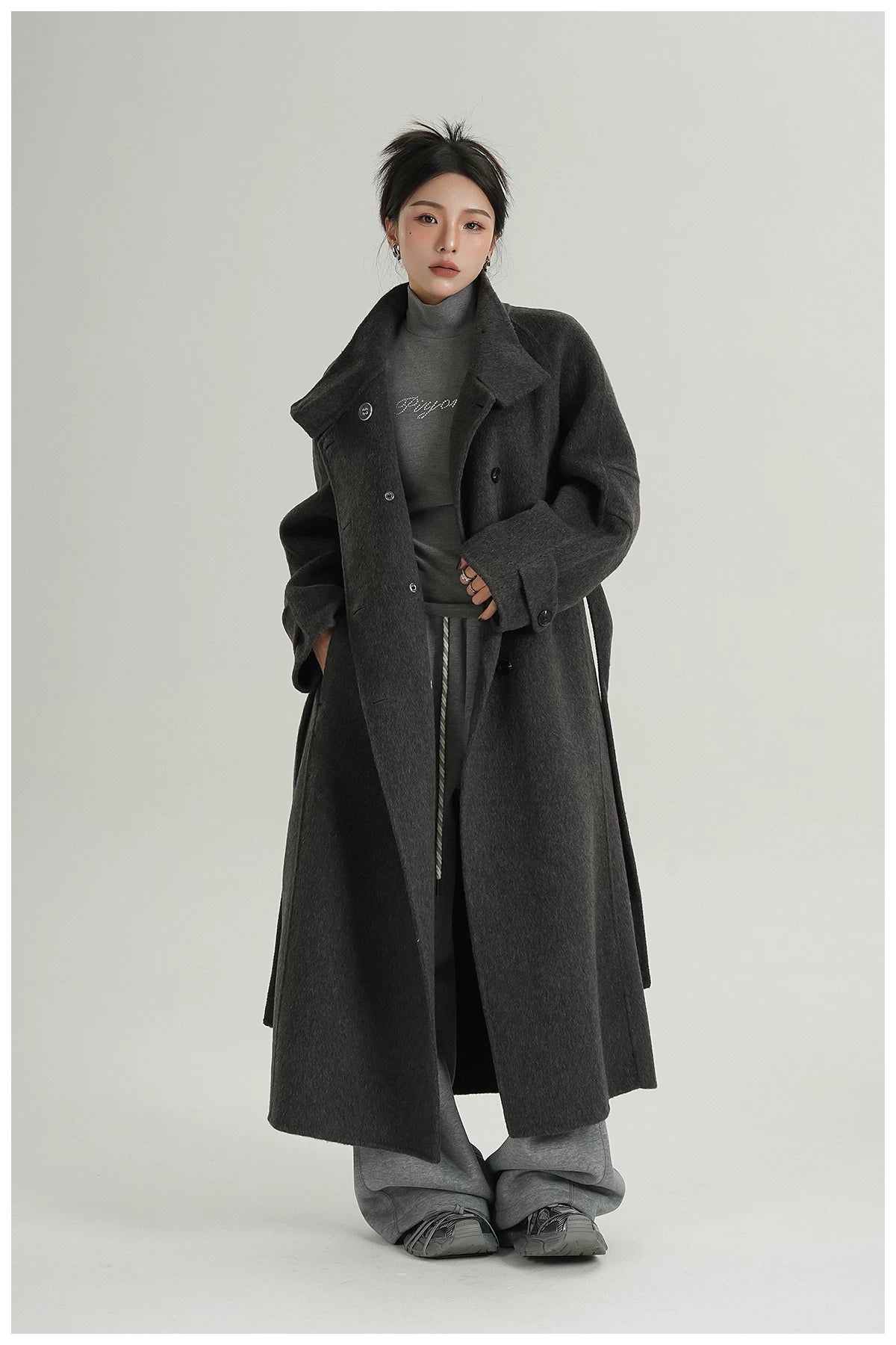 Stand-Collar Long Wool Coat