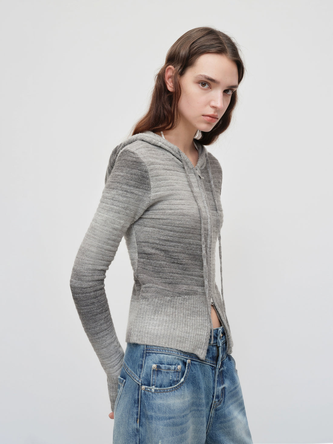 Ombre Wool Blend Double-Zip Hooded Cardigan