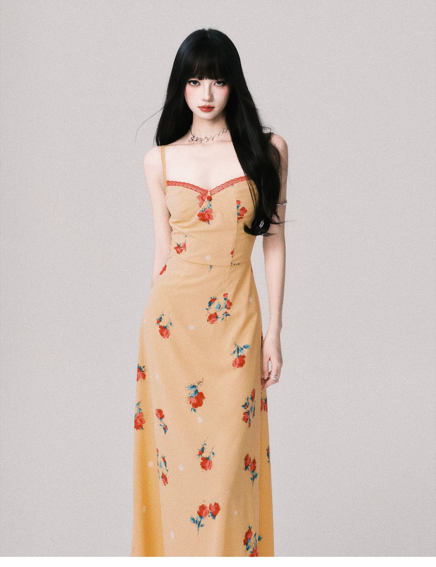 French V-Neck Floral Slip Maxi Dress