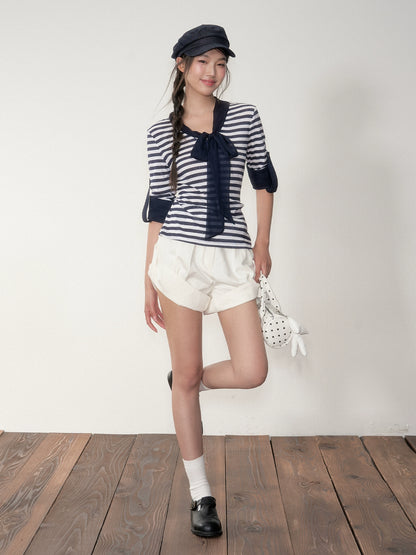 Soote Season Striped Ribbon Cuffed T-shirt - CHINASQUAD