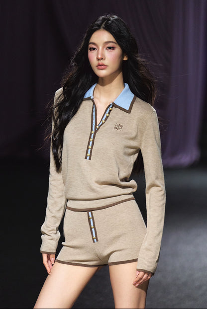 Contrast Tie-Neck Polo Knit Set