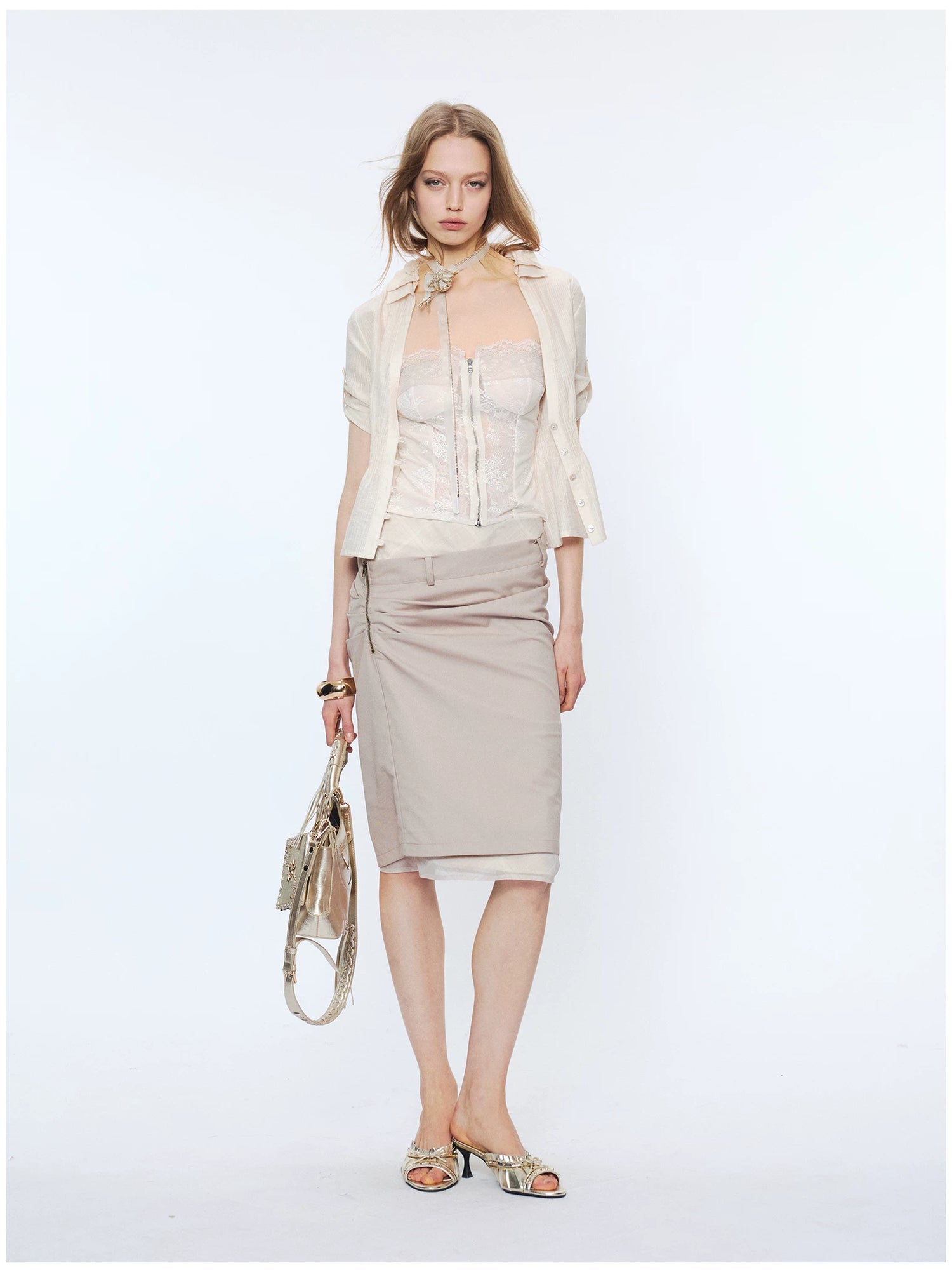 Contrast Lace Panel Two-Piece Shirt