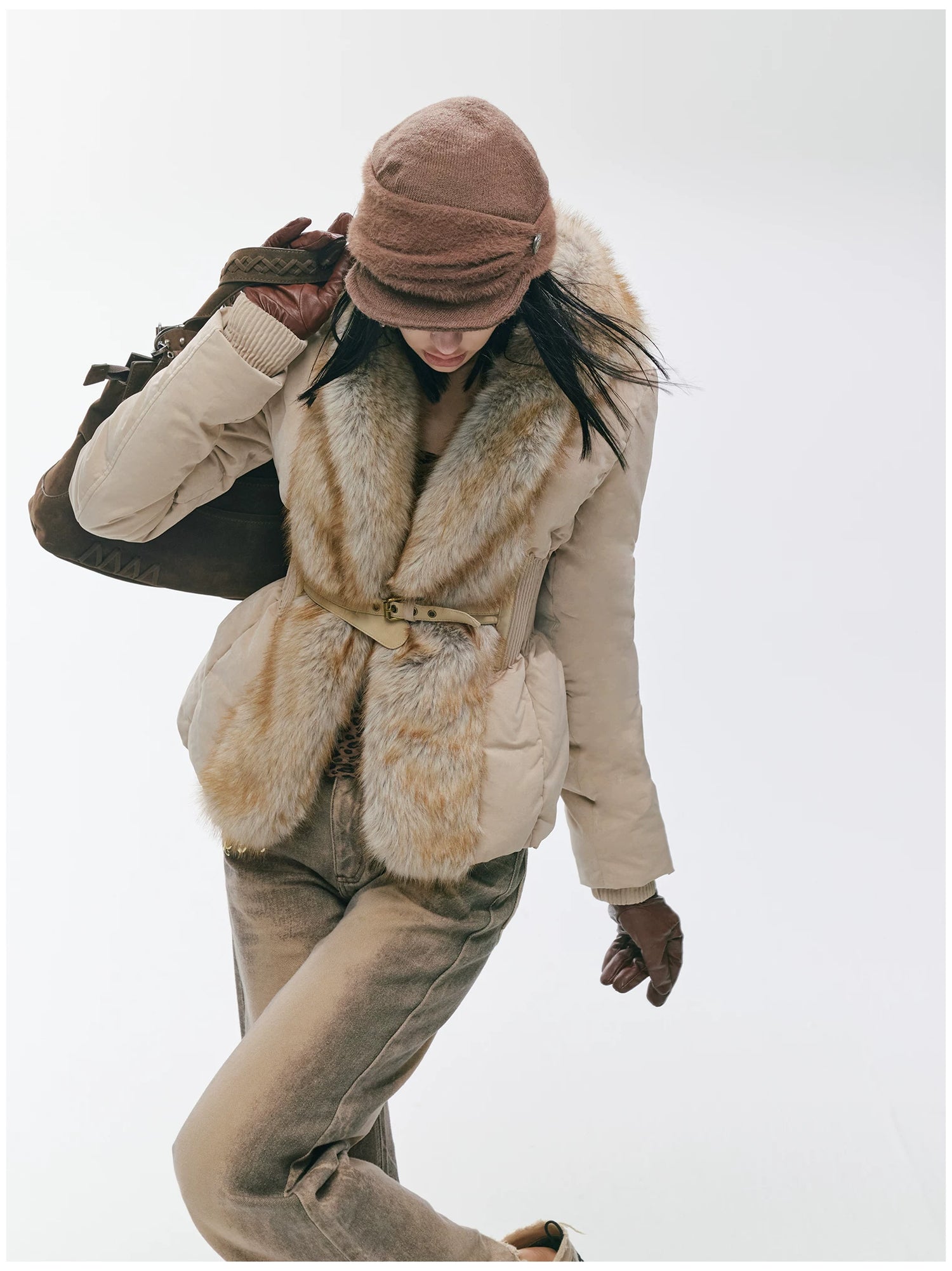 Vintage-Tech Distressed Fur-Panel Down Jacket