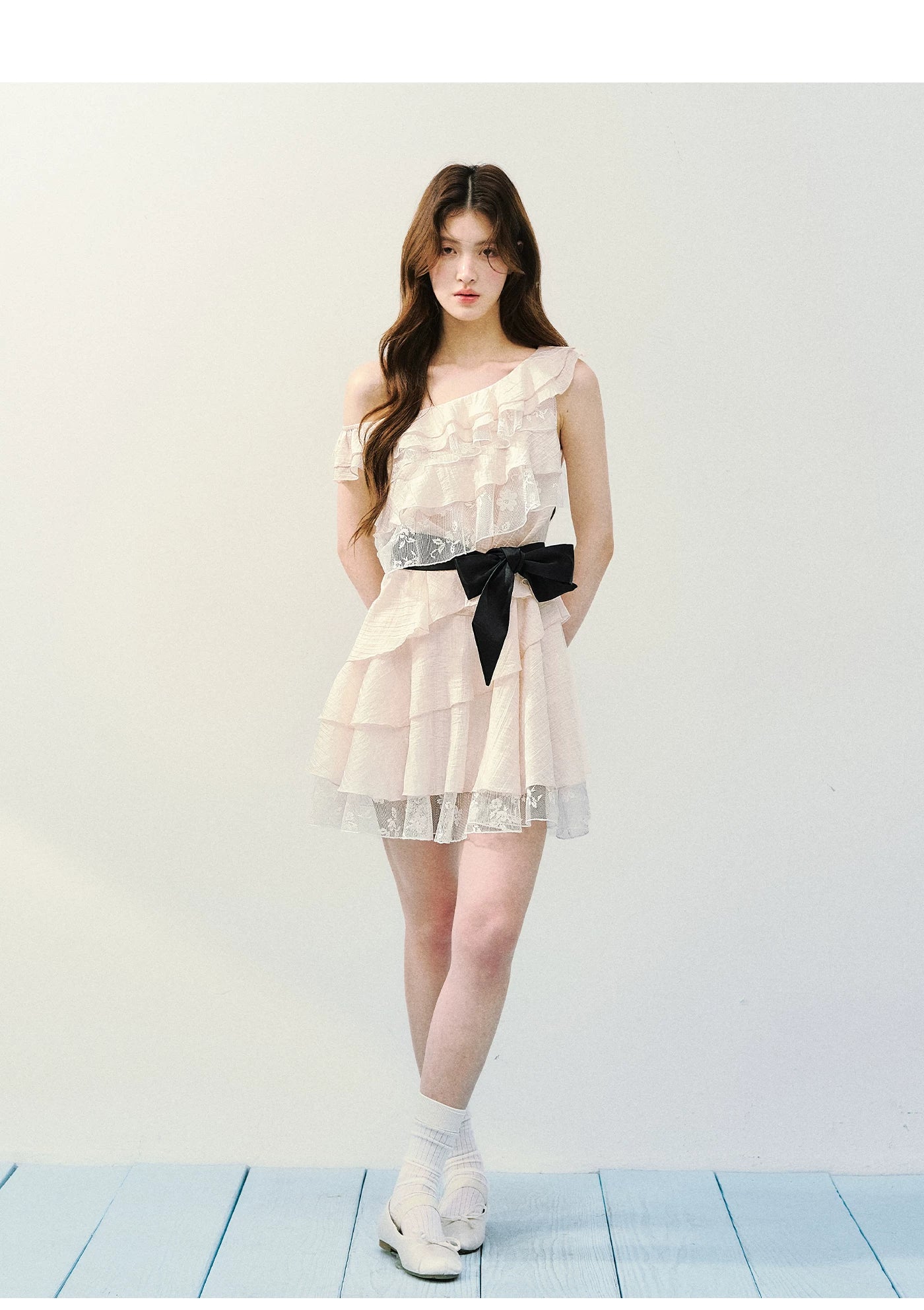 Asymmetric Lace Tiered Ruffle Dress