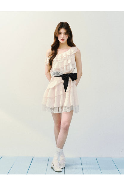 Asymmetric Lace Tiered Ruffle Dress