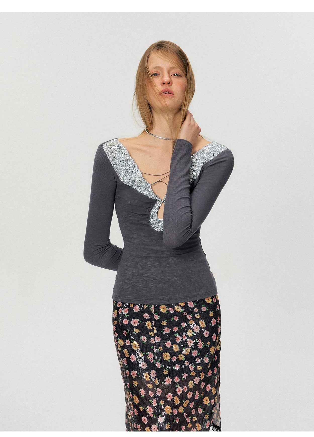 Cut-Out Lace-Up Slim Fit Long Sleeve Top