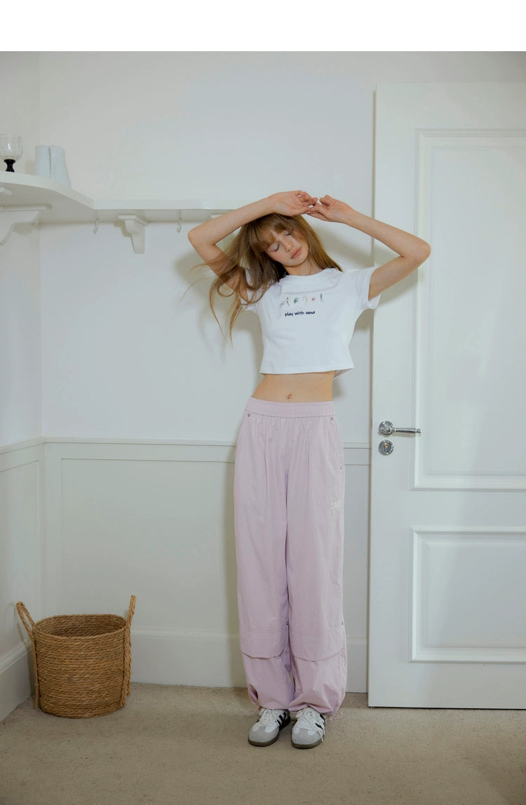 White &amp; Pinkish-purple Drawstring Wide-leg Pants