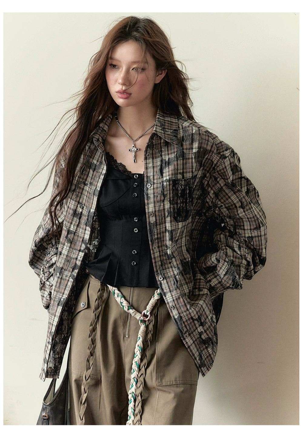 Color-blocked Plaid Long-sleeve Shirt Jacket