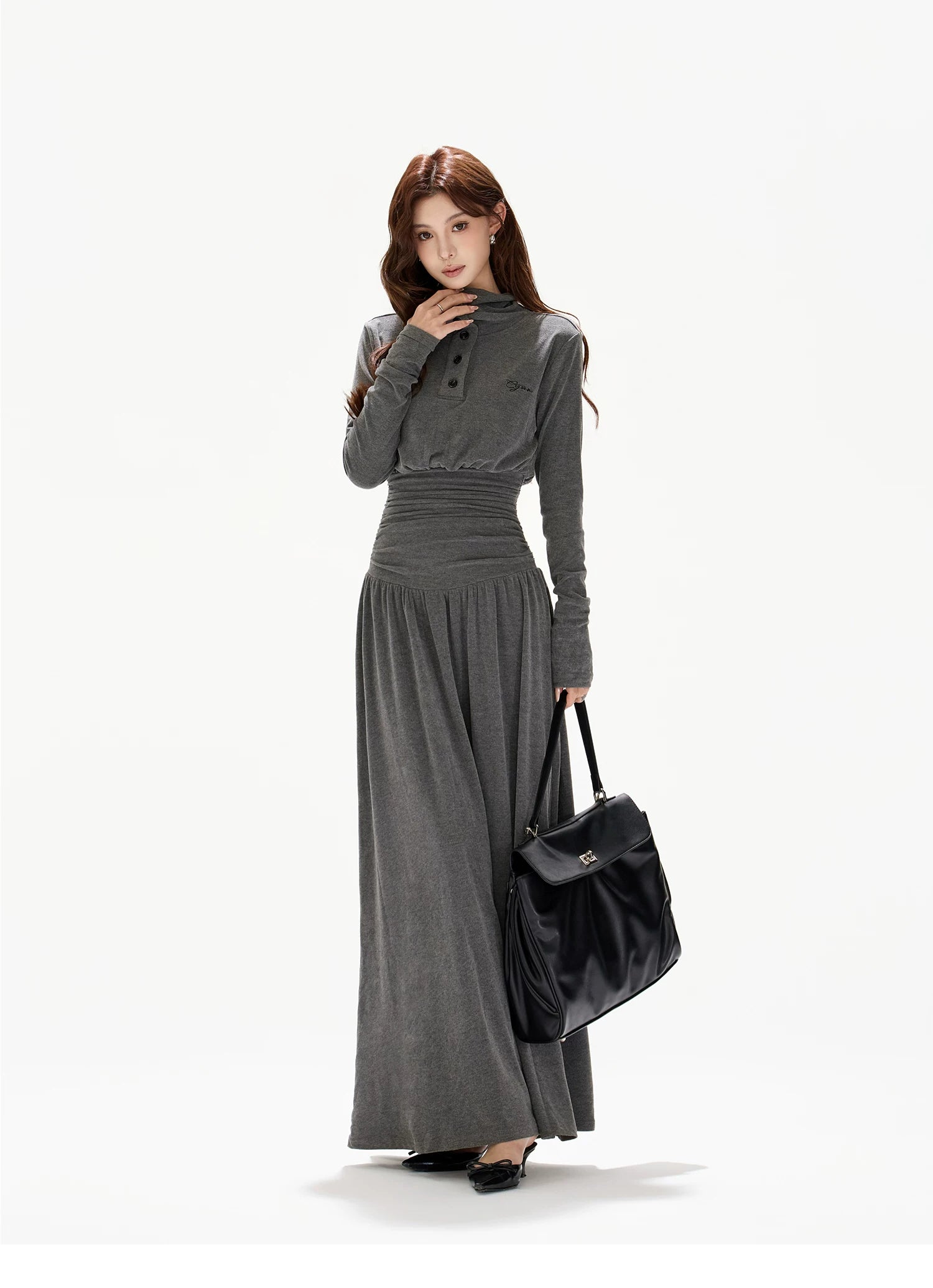 Pleated Waist-Defining A-Line Maxi Dress