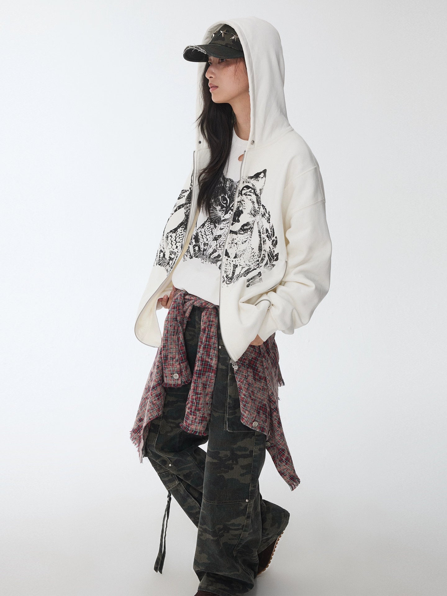 Cat Print Double-Zip Convertible Hoodie