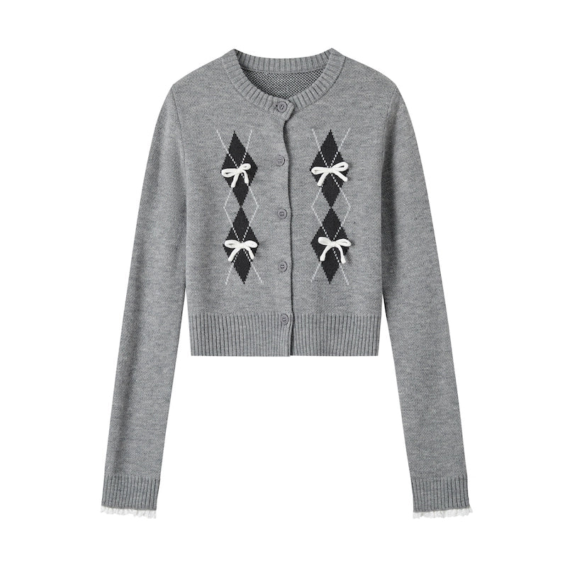 Gray Diamond Pattern Butterfly Knot Cardigan