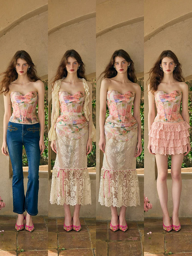 Romantic Oil-Paint Lace Corset Top &amp; Skirt Set