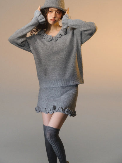 3D Rose V-Neck Knit Sweater &amp; A-Line Knit Skirt Set